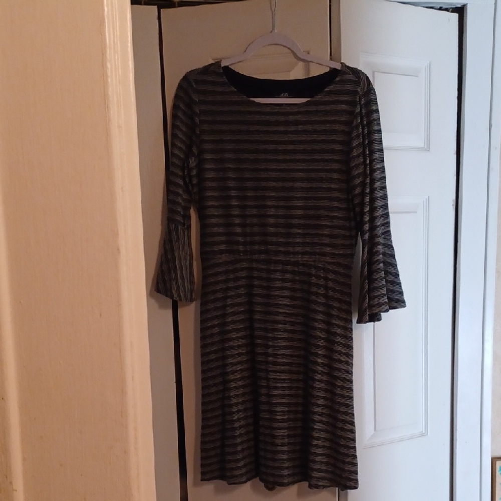 Size M AGB Striped Black and Gray Dress, mid-length sleeve with detail, pockets